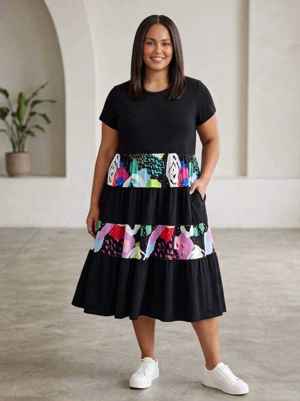 Made With Love Tiered Colourful Short Sleeve Midi Dress With Pockets Size Xlarge
